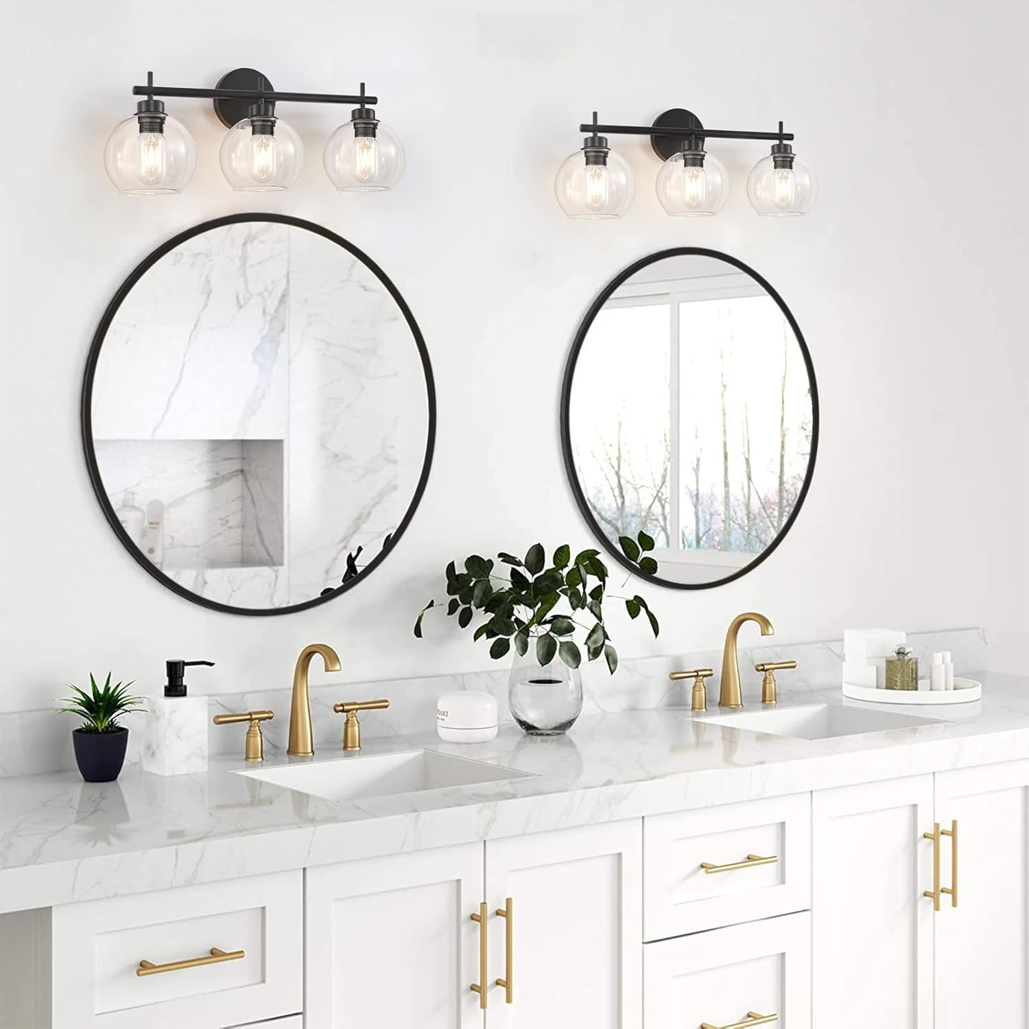 Seteline Luces de tocador de baño de 3 luces, lámparas de baño negras con pantallas de globo de vidrio transparente, accesorio de iluminación de