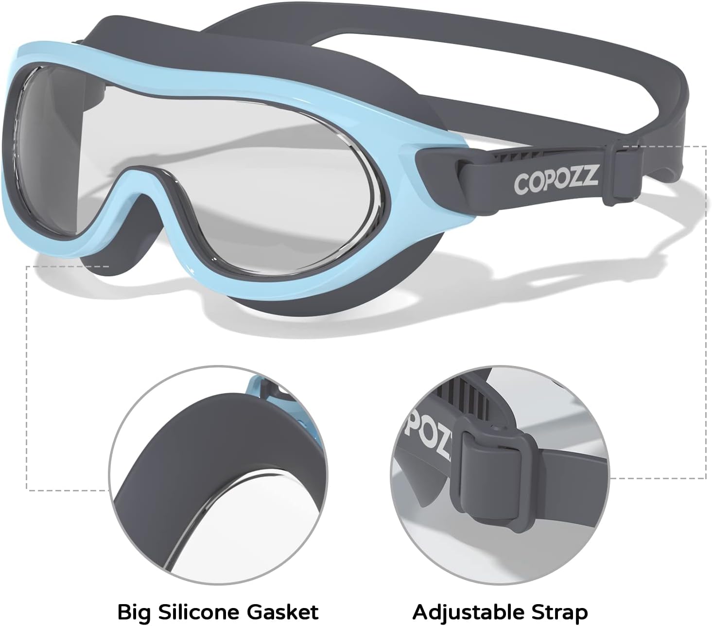 COPOZZ Gafas de natación para niños de 8 a 16 años, visión amplia, gafas de natación para jóvenes, sin fugas, antivaho y transparente, para piscina