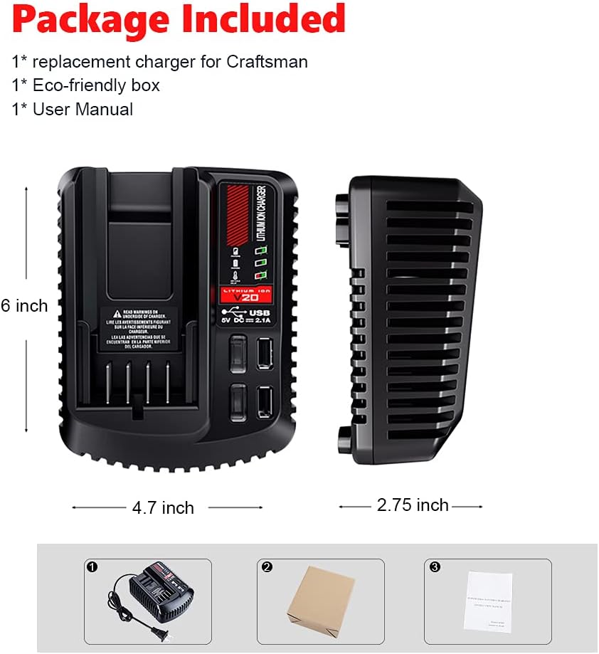 Cargador rápido de batería V20 CMCB104, WaxPar CMCB104, cargador de batería compatible con Craftsman V20 batería de litio CMCB204 CMCB202 CMCB201