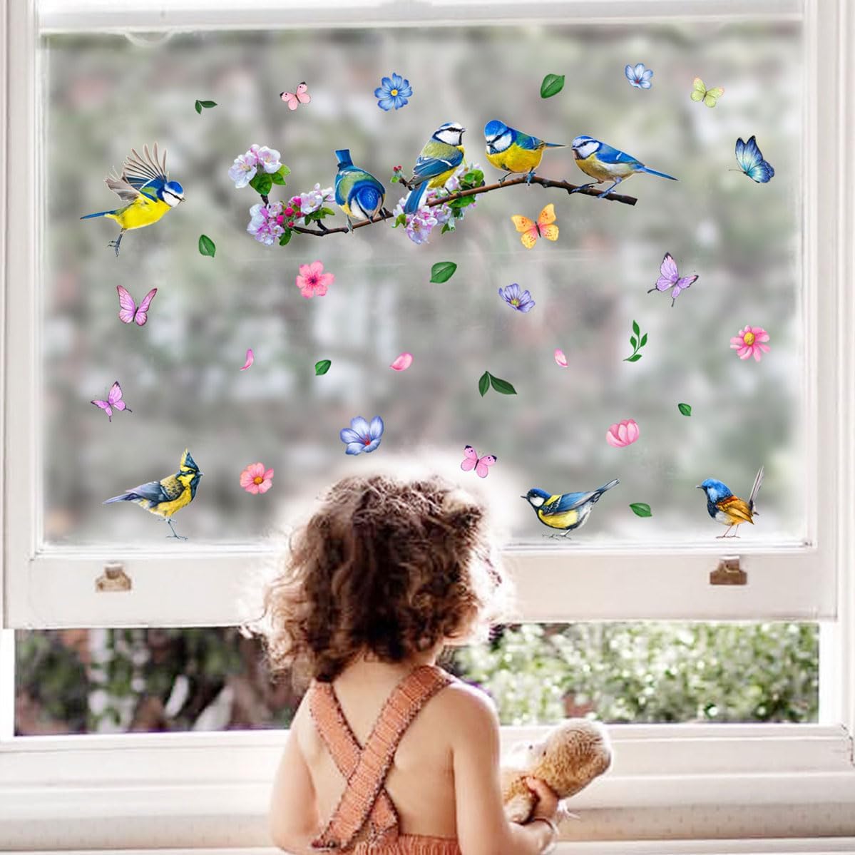 Calcomanías florales de doble cara para ventana de primavera y verano, calcomanías coloridas para ventanas de pájaros de vidrio, puertas