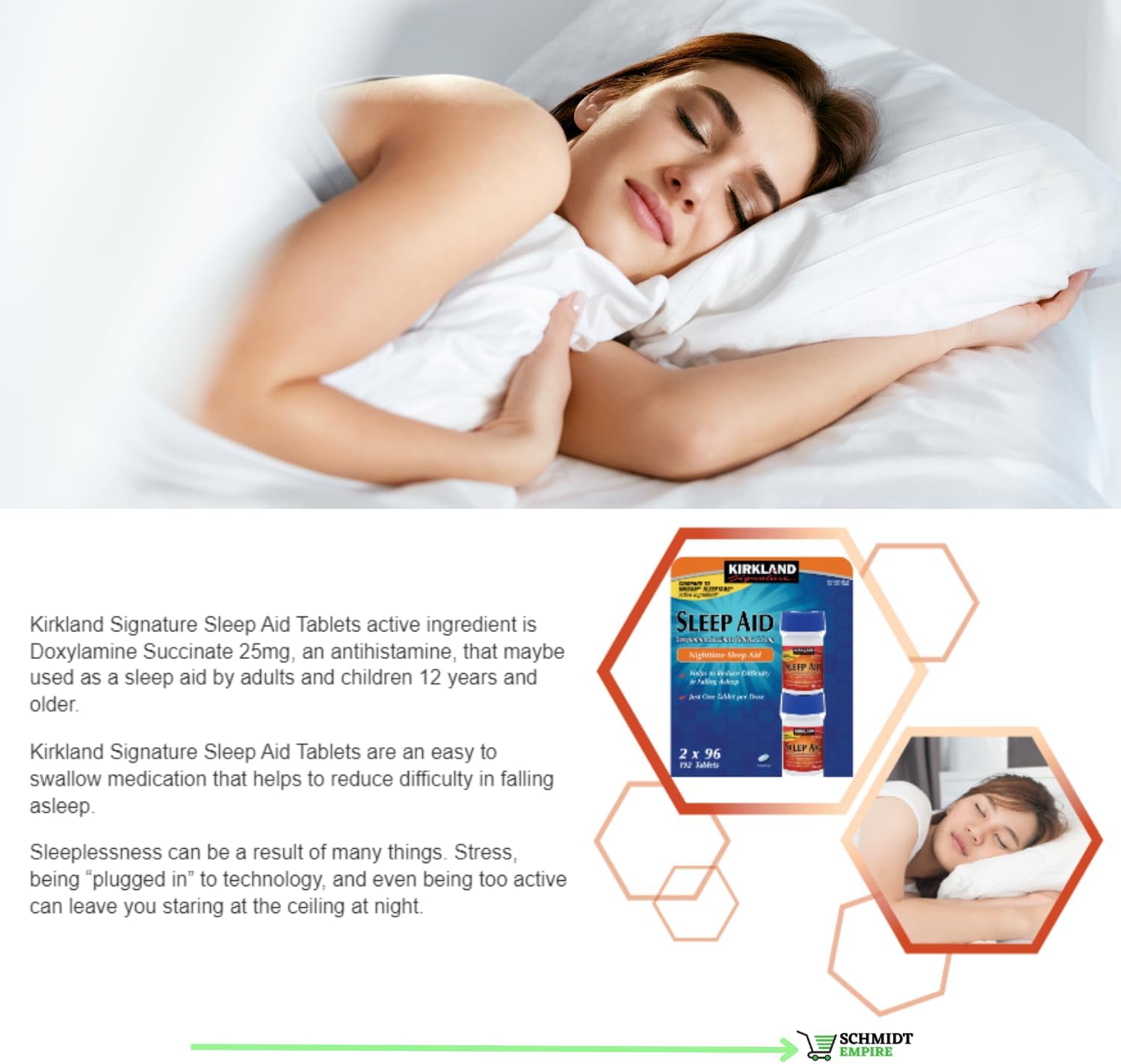 Kirkland Signature Sleep Aid Succinato de doxilamina de 25 mg (2 frascos, 96 pestañas en total 192 tabletas) + 1 protector de tarjeta SchmiidtEmpire