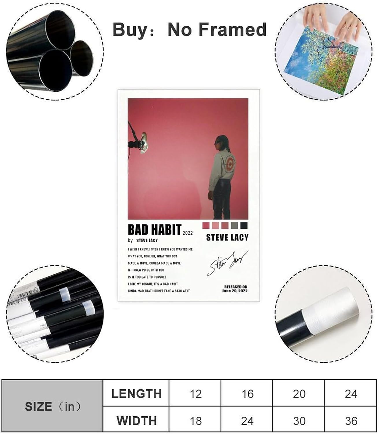 Fyzuf Póster de lienzo con texto en inglés “Singer Steve Lacy Music Bad Habit Bad Habit” para decoración de pared, pinturas para sala de estar,