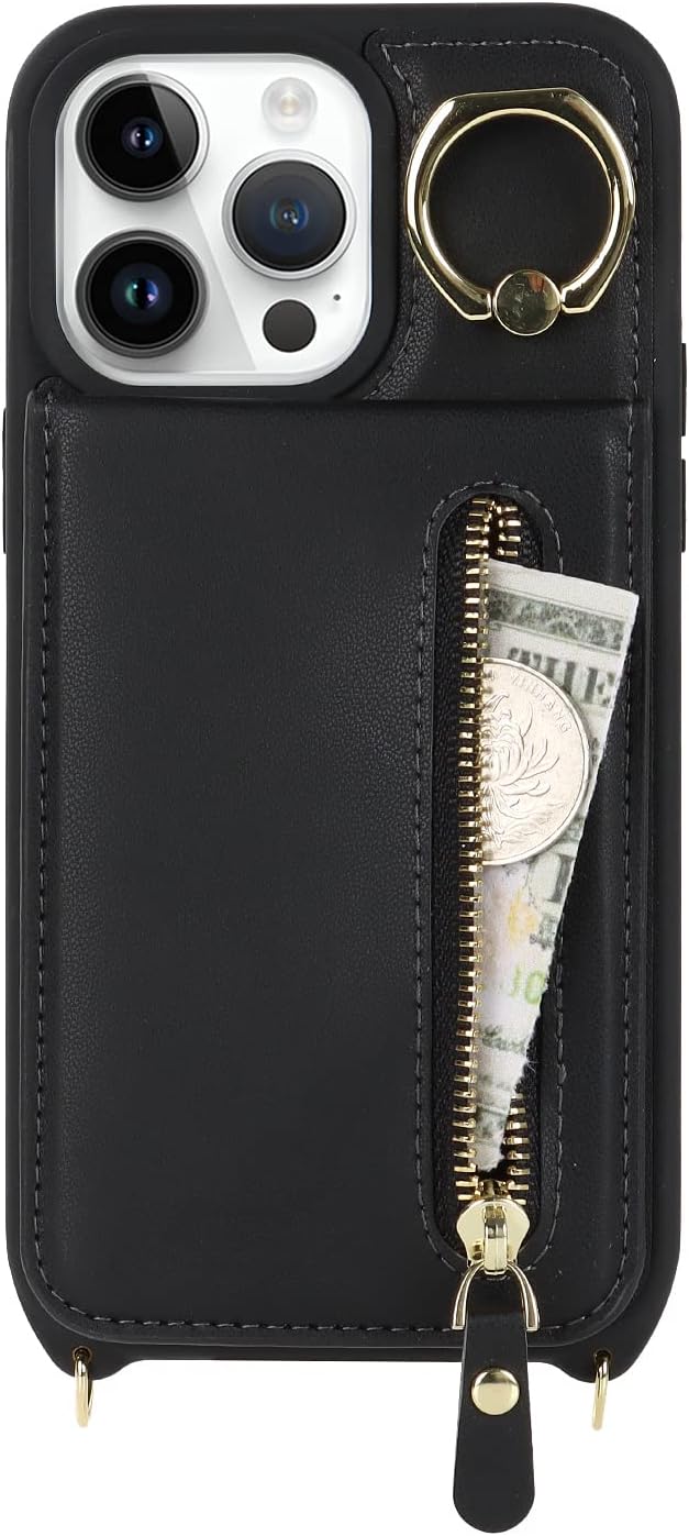 Funda para iPhone 13 Pro Max con correa, iPhone 13 Pro Max con tarjetero y ranuras para tarjetas de crédito Crossbody con función atril y cremallera