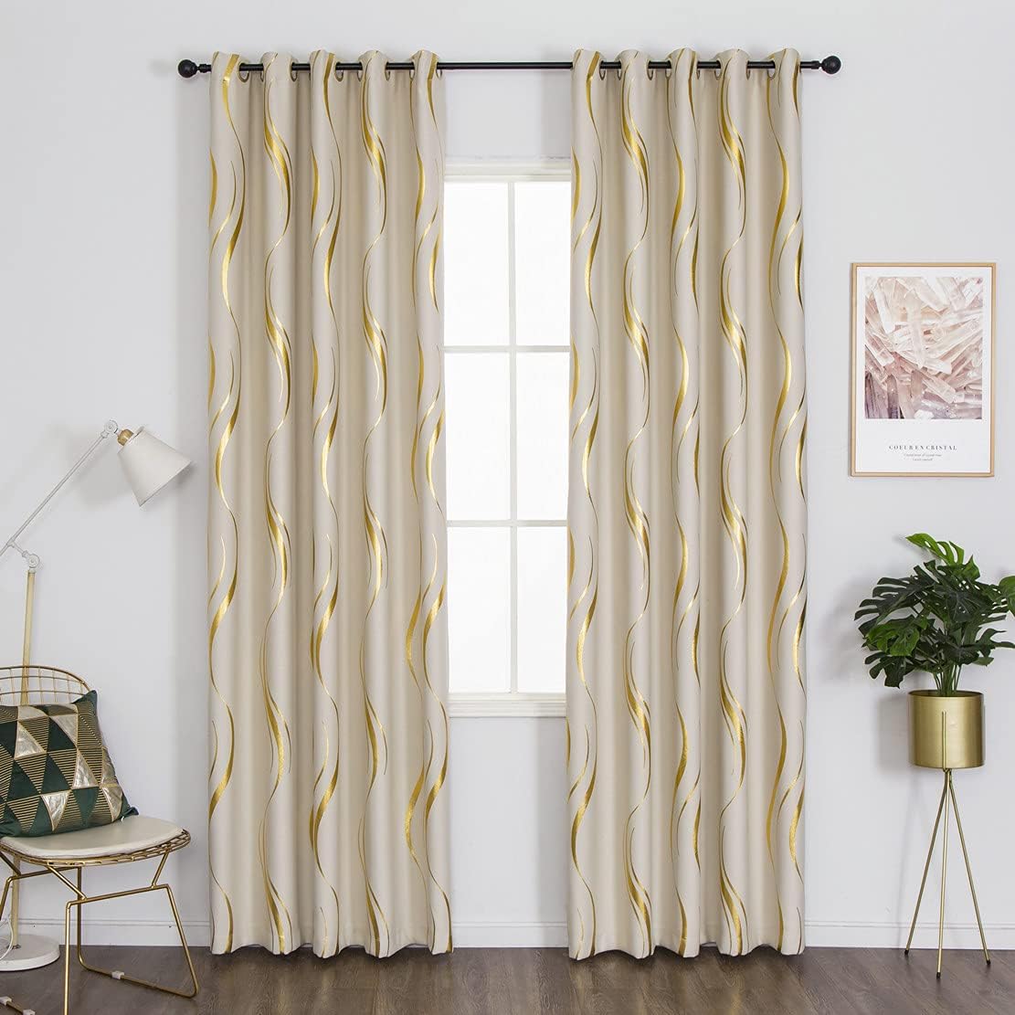 MYRU Juego de 2 paneles de cortinas de rayas con estampado de aluminio para sala de estar y dormitorio (beige y dorado, 2 x 54 pulgadas de ancho x