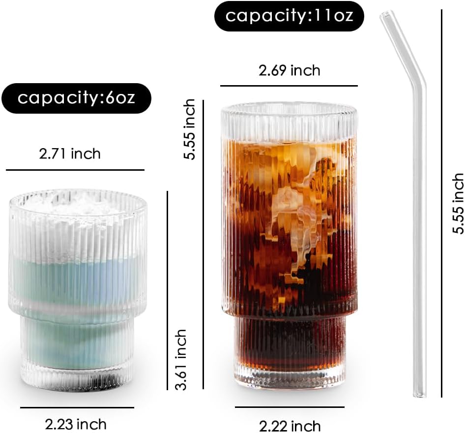 Combler Juego de 8 vasos de agua para beber, 4 vasos de vidrio de 11 onzas con pajitas y 4 vasos de cóctel de 6 onzas, lindos vasos pequeños, juegos