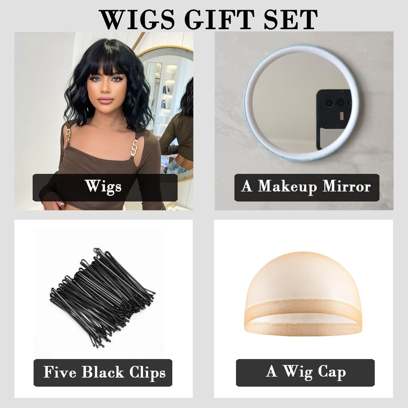 Pelucas cortas onduladas negras para mujer, peluca natural hasta el hombro con flequillo, pelucas sintéticas para cosplay diario