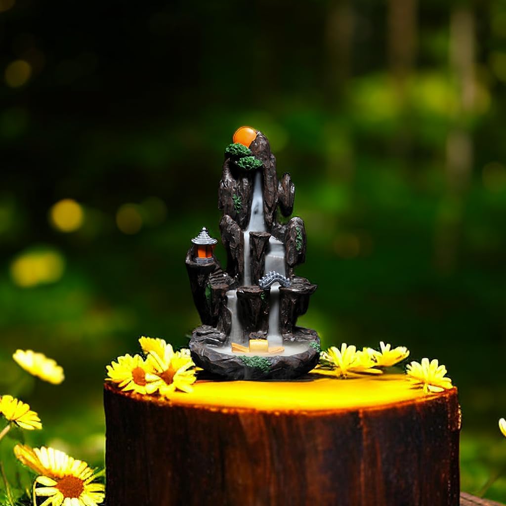 TANZEQI Quemador de incienso de cascada Feng Shui, soporte de incienso de reflujo zen y cascada, con 130 conos de incienso de reflujo, adorno de