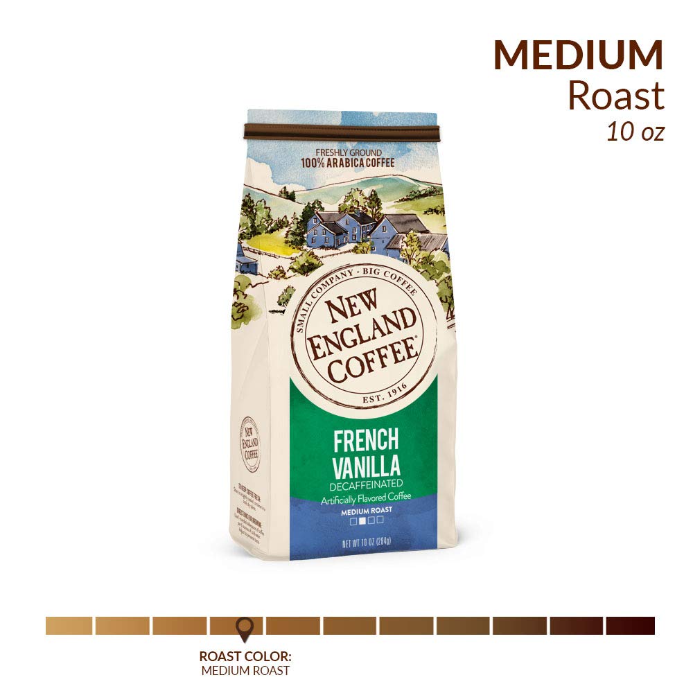 New England Coffee Café molido de tostado medio descafeinado de vainilla francesa, 10 onzas, bolsa, beige y verde