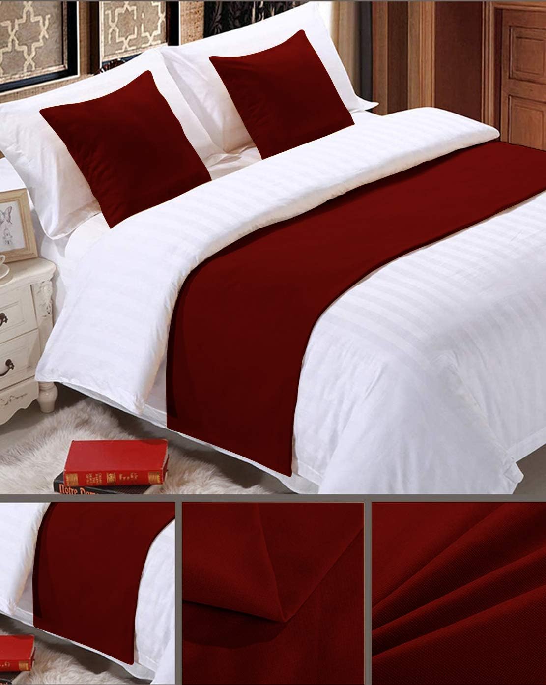 Camino de cama de algodón egipcio de 800 hilos, bufanda decorativa de cama de 1 pieza y 2 fundas de cojín a juego tamaño King borgoña sólido