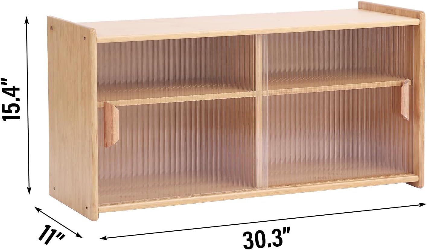 Tiita Armario pequeño de despensa de cocina, aparador de pared de bambú con puertas de vidrio, armario de despensa de alimentos para cocina, sala de