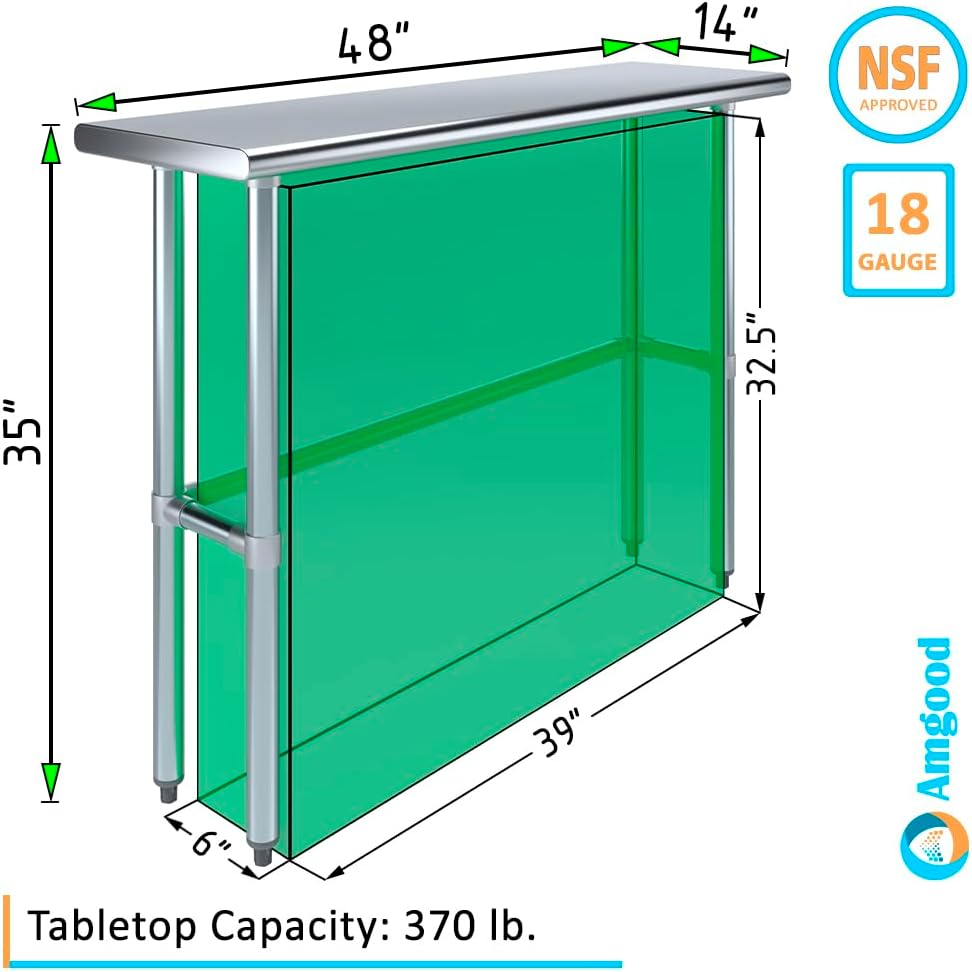 Mesa de trabajo de acero inoxidable de base abierta de 14 x 48 pulgadas  Residencial y comercial  Preparación de alimentos  Estación de trabajo