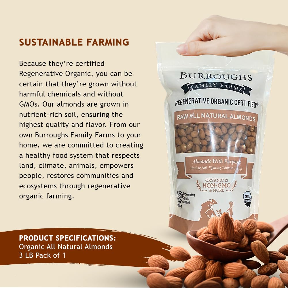 Burroughs Family Farms Almendras orgánicas regenerativas totalmente naturales, sin gluten, sin OMG, almendras paleo cetogénicas, delicias sin culpa