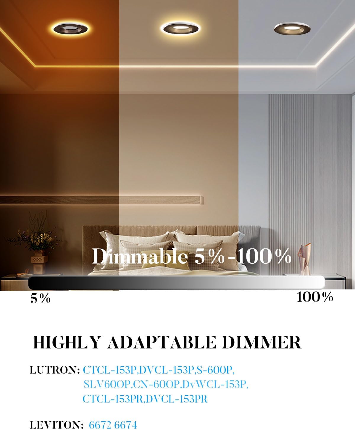 Downlight LED de 6 pulgadas con luz nocturna de 140 lmw (alta eficacia) CRI90 regulable LED empotrable, 3000 K4000 K5000 K seleccionables, luces LED