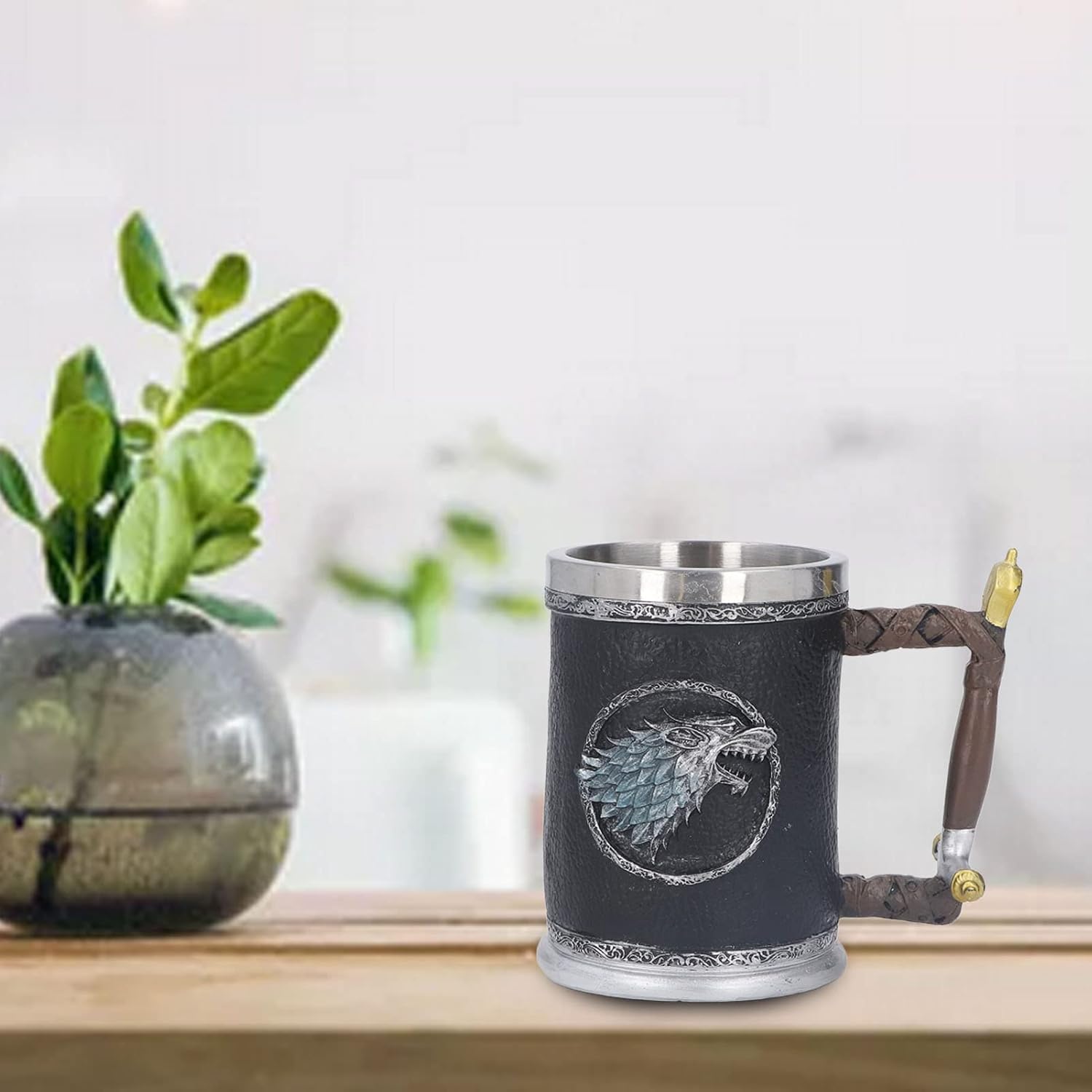 Nordic Viking Rune – Taza de acero inoxidable tipo jarra, taza de cerveza de barril de madera, taza vikinga grande de cerveza de madera, jarra con