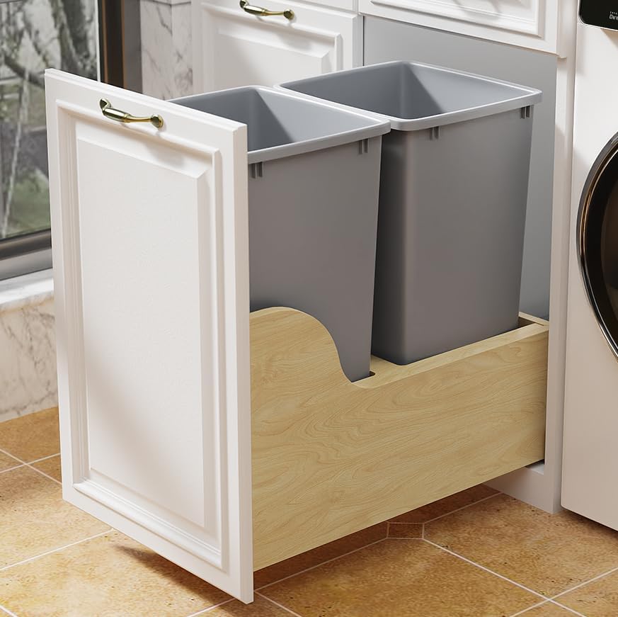 ROOMTEC Cubo de basura extraíble doble de 35 cuartos debajo del gabinete, cubo de basura extraíble para gabinete y basura, cubo de basura extraíble