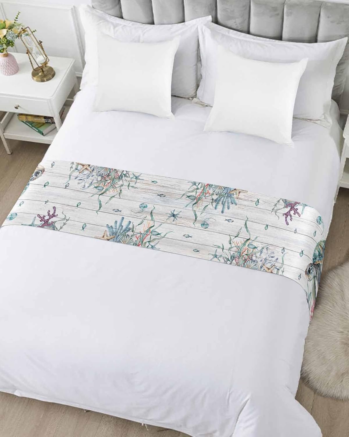 Camino de cama para cama tamaño Queen, manta de tortuga marina para pie de cama, manta vintage de verano para playa, costera costera, coral, océano,