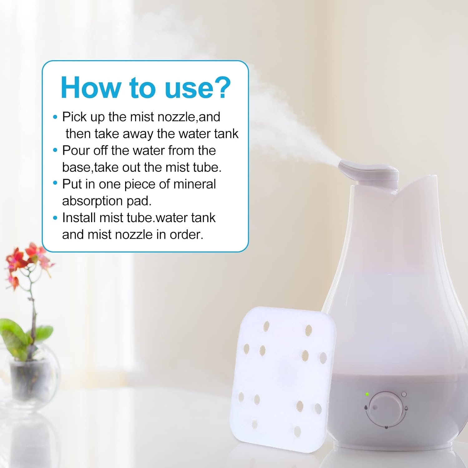 48 almohadillas de filtro de humidificador, almohadilla de absorción mineral, humidificador de nailon, almohadillas de descalcificación mineral para
