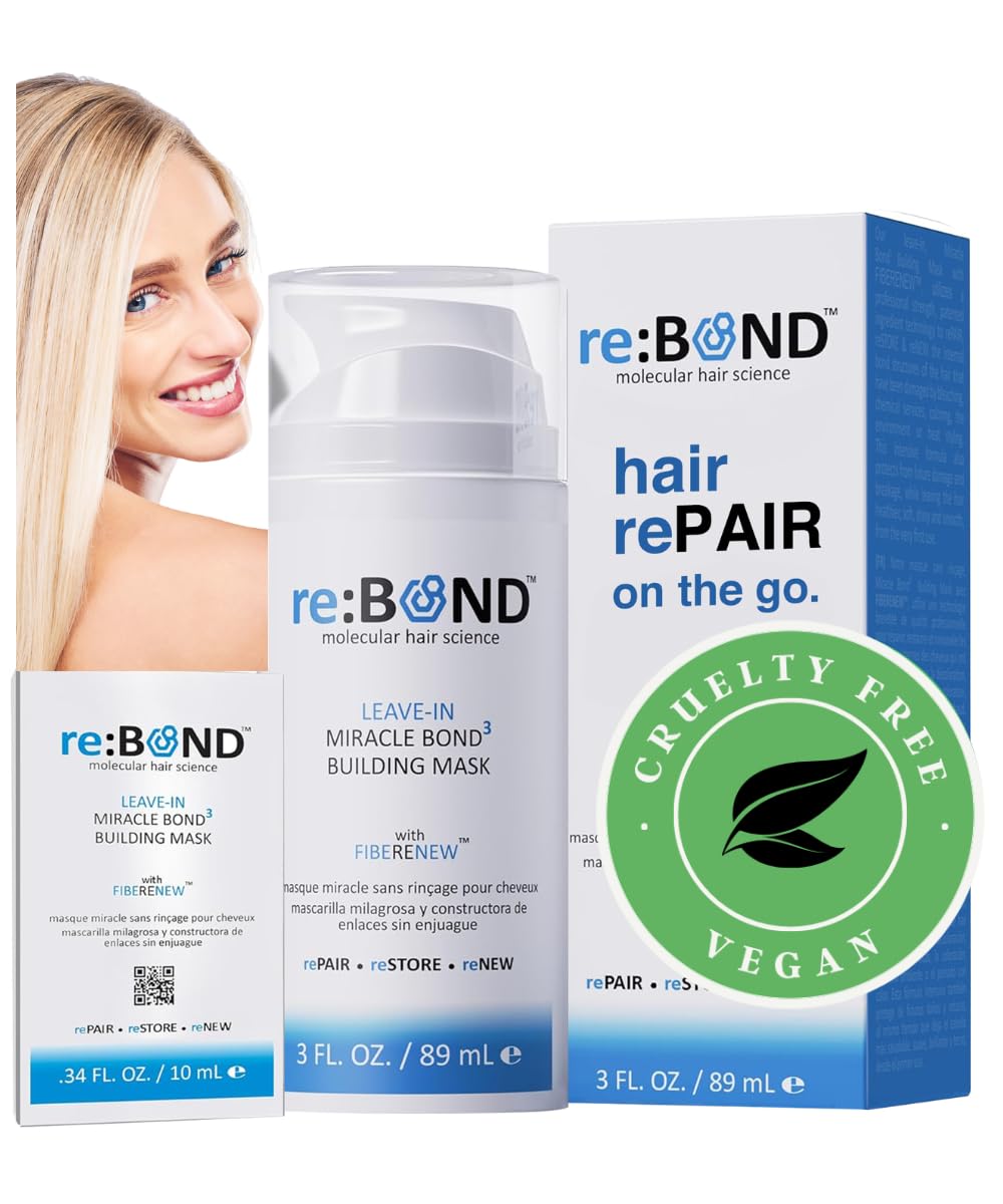 REBOND MOLECULAR HAIR SCIENCE Leave In Miracle Bond – Juego de máscaras de construcción, incluye 1-3 oz (3.0 fl oz) y 1 tamaño de viaje, 0.3 fl oz
