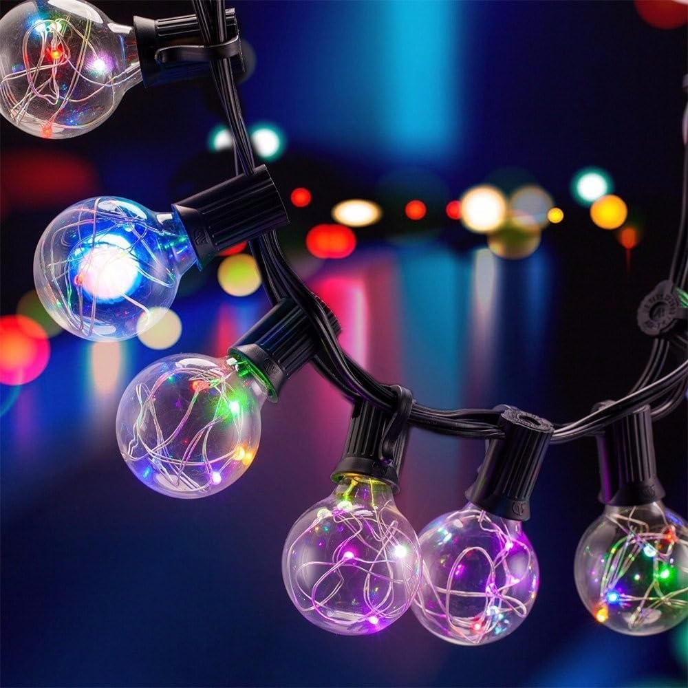 Cadena de luces para exteriores de 30 pies con 30 enchufes, bombillas LED RGB que cambian de color, inastillables, para patio, jardín (30 pies)