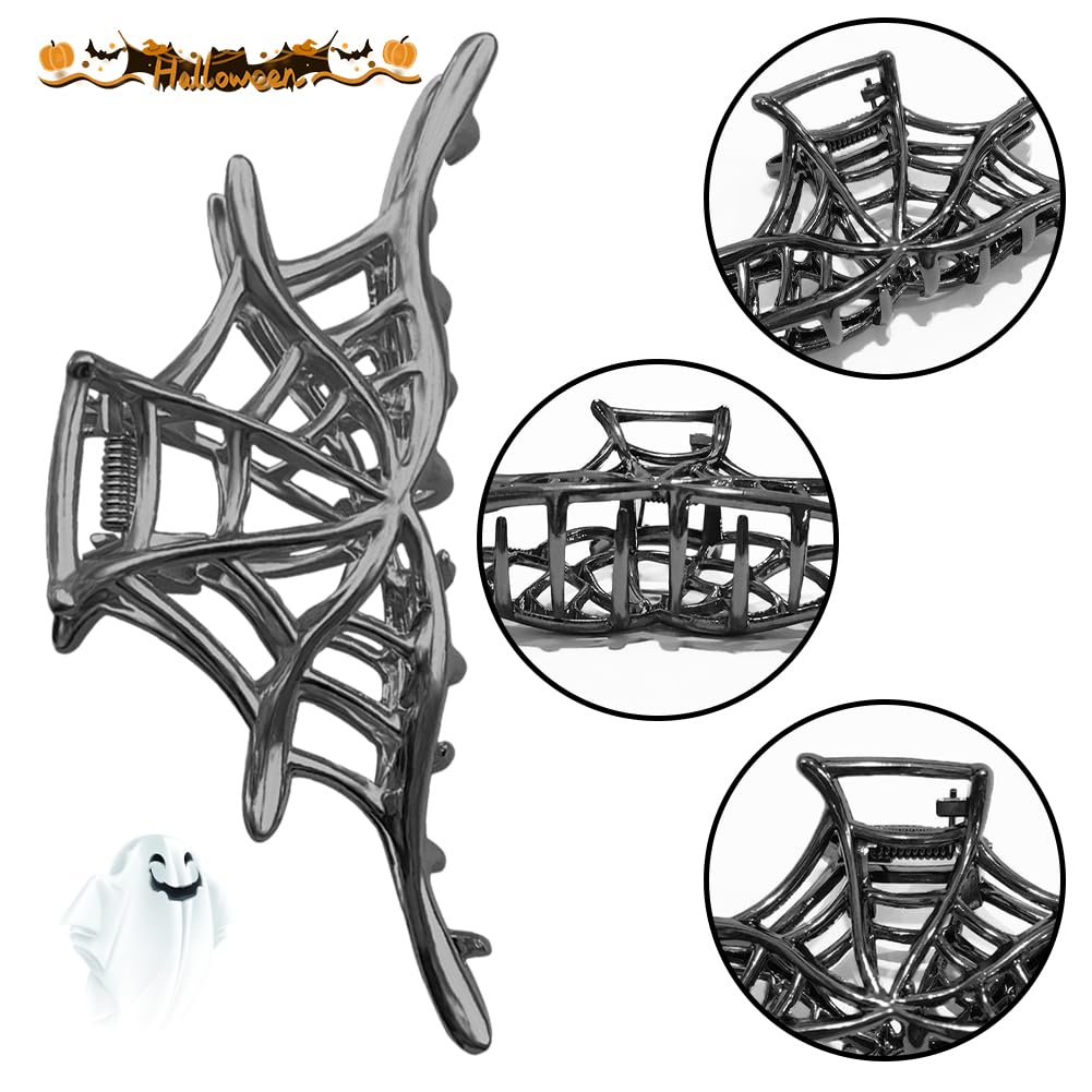 Paquete de 3 pinzas para el cabello de telaraña para Halloween, clips de metal grandes para mandíbula retro, tema de telaraña retro, accesorios de