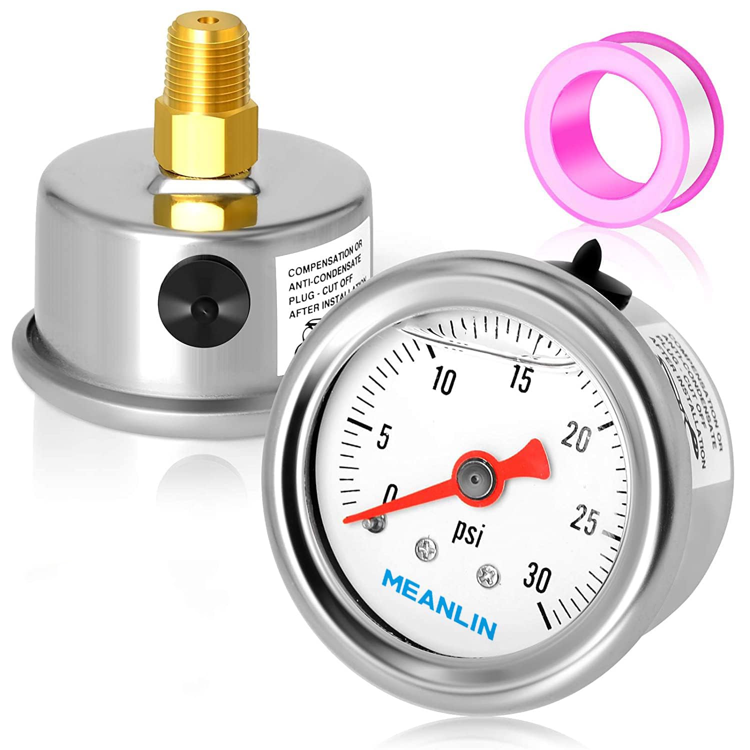 MEANLIN MEASURE Medidor de presión de 0  30 psi, esfera con cara NPT de 1.5 pulgadas con relleno de glicerina, acero inoxidable con relleno de