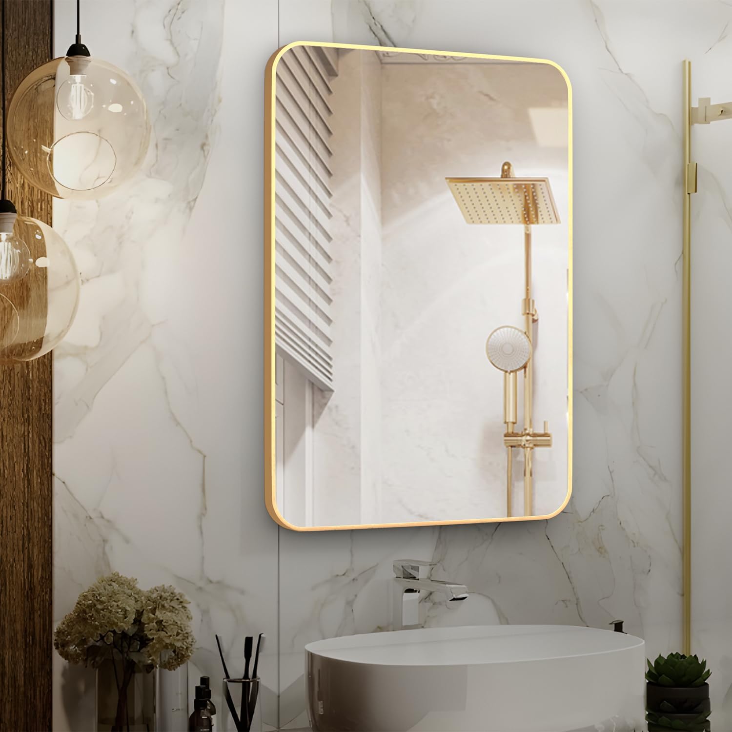 Manocorro Espejo de pared para baño, 20 x 28 pulgadas, espejo rectangular dorado con marco de aleación de aluminio, espejo colgante de esquina