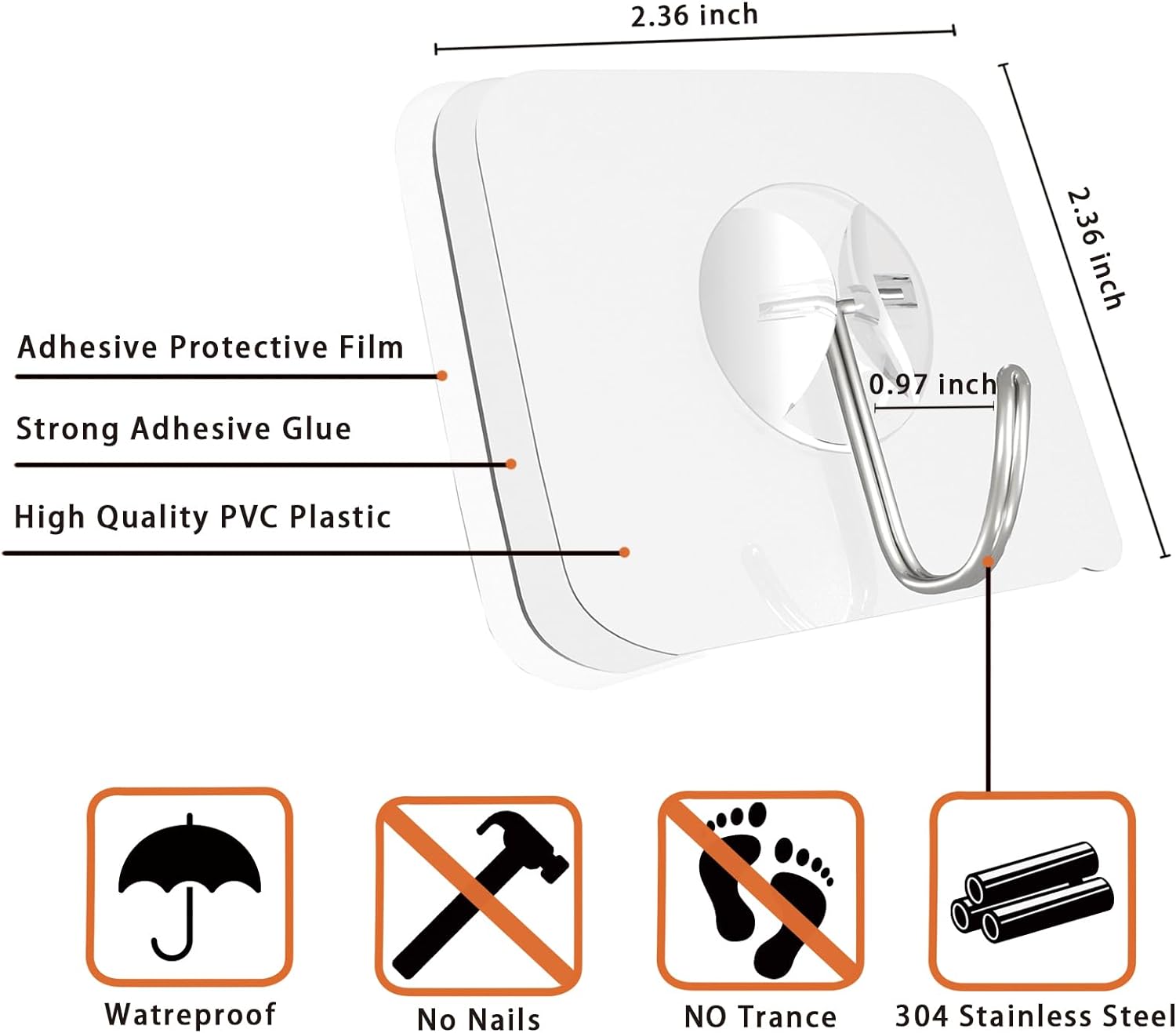 Latoxcaa Ganchos de pared adhesivos resistentes, resistentes y transparentes, soportan hasta 22 libras, impermeables y reutilizables, ideales para