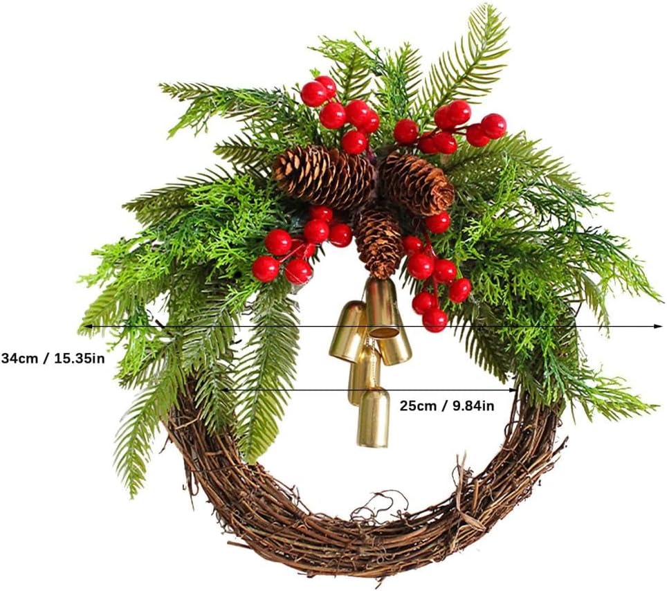Corona de Navidad de granja, corona de campana dorada artificial, anillo de pino hecho a mano, corona de vid, decoración de Navidad, corona de ratán
