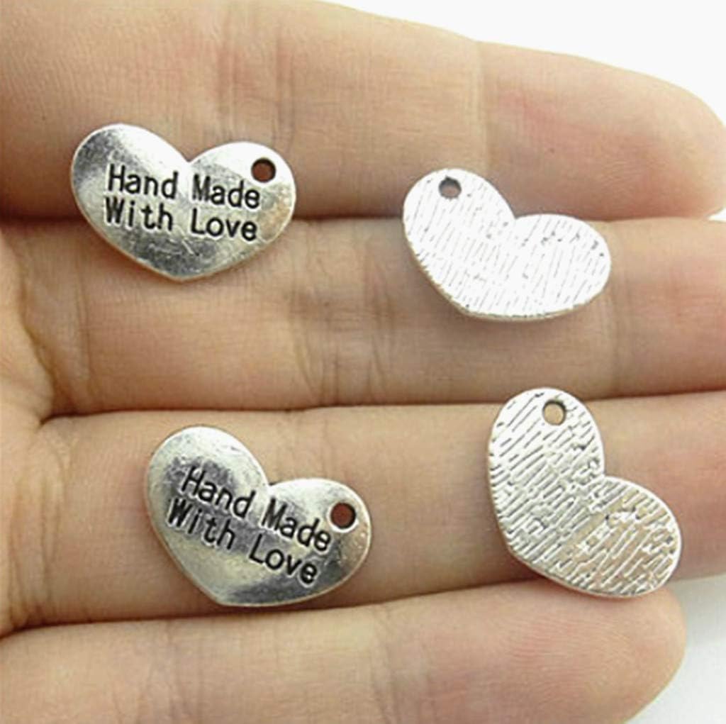 Colgante hecho a mano con dije de amor, en forma de corazón, con mensaje de palabra, para hacer joyas (50 unidades, tono plateado antiguo), Zinc