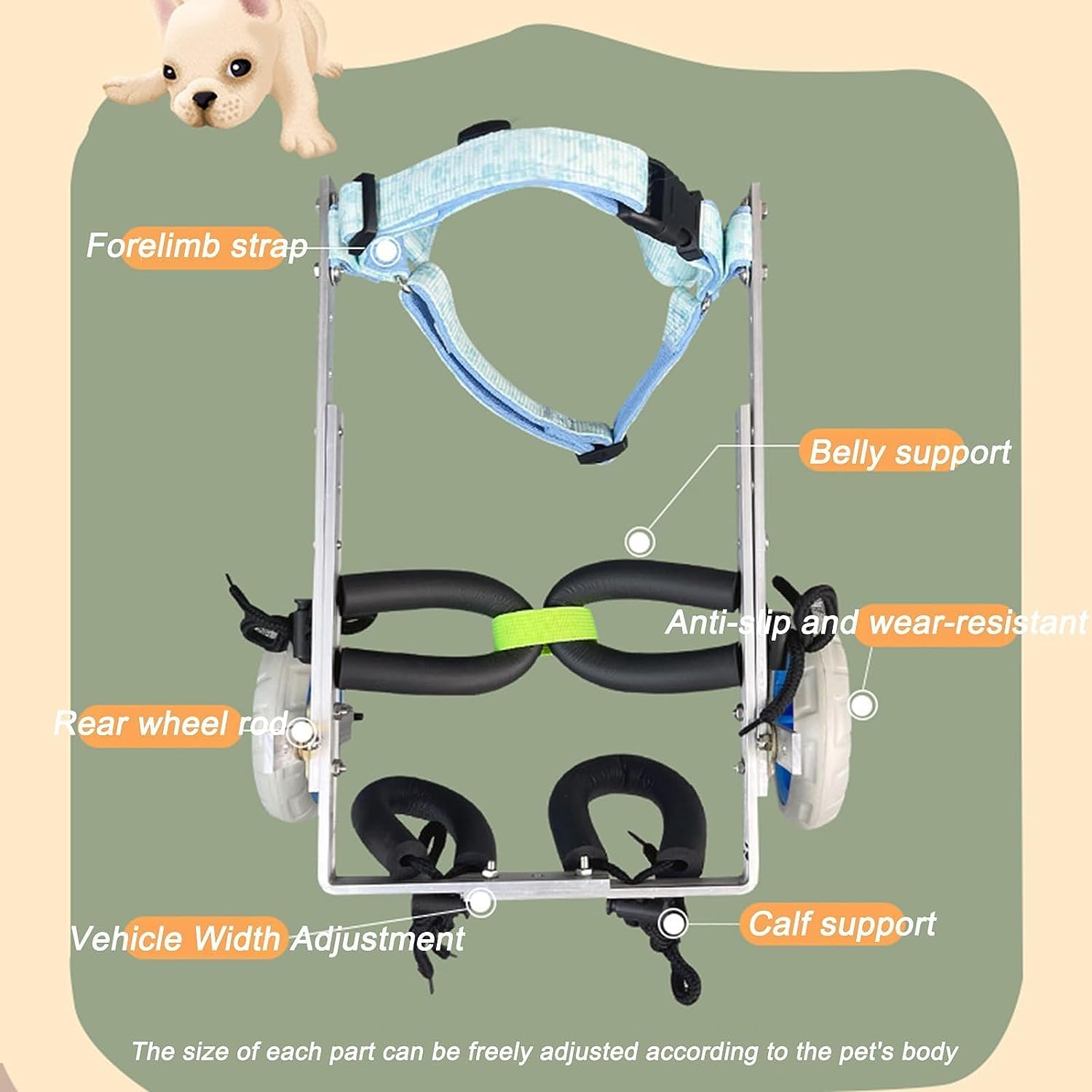 Silla de ruedas para perros para patas traseras, marco de aluminio, silla de ruedas para mascotas, 2 ruedas, ligera, silla de ruedas para