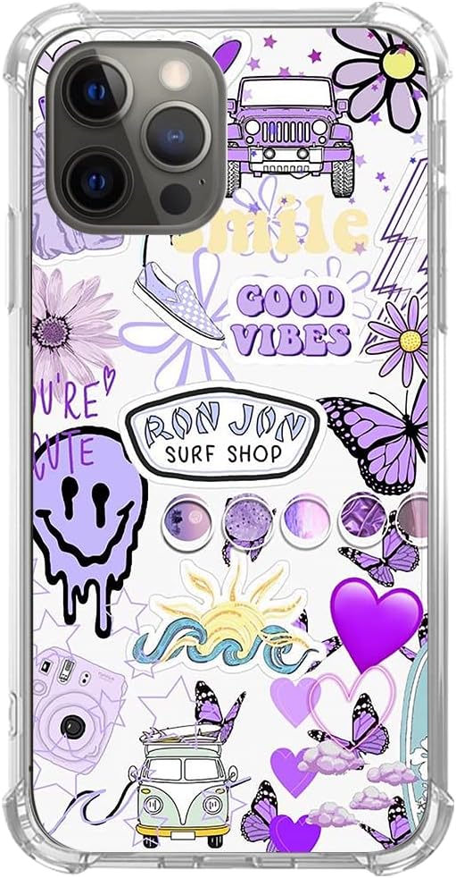 Funda retro con diseño de mariposas y caras fundidas de Good Vibes para iPhone 12iPhone 12 Pro, estuche de collage morado estético Trippy para