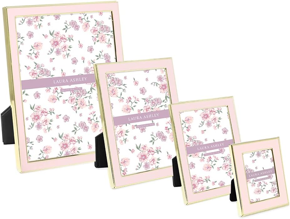 Laura Ashley Marco de fotos esmaltado rosa de 5 x 7 pulgadas, borde de metal dorado con caballete, para encimera, encimera, exhibidor de mesa,
