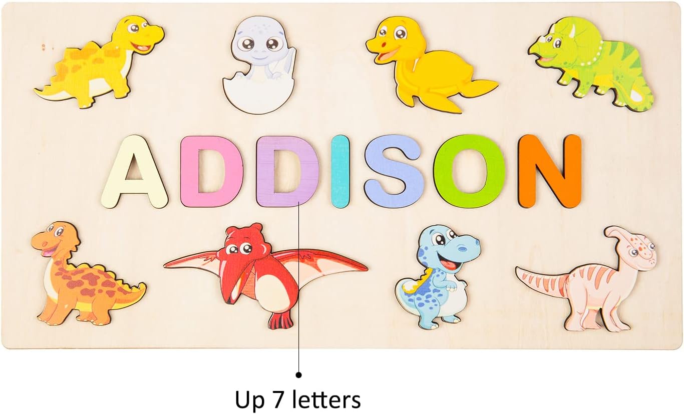 Jeweidea Rompecabezas de nombre personalizado de madera con alfabeto de dinosaurio, juguete educativo de aprendizaje de cumpleaños para niños
