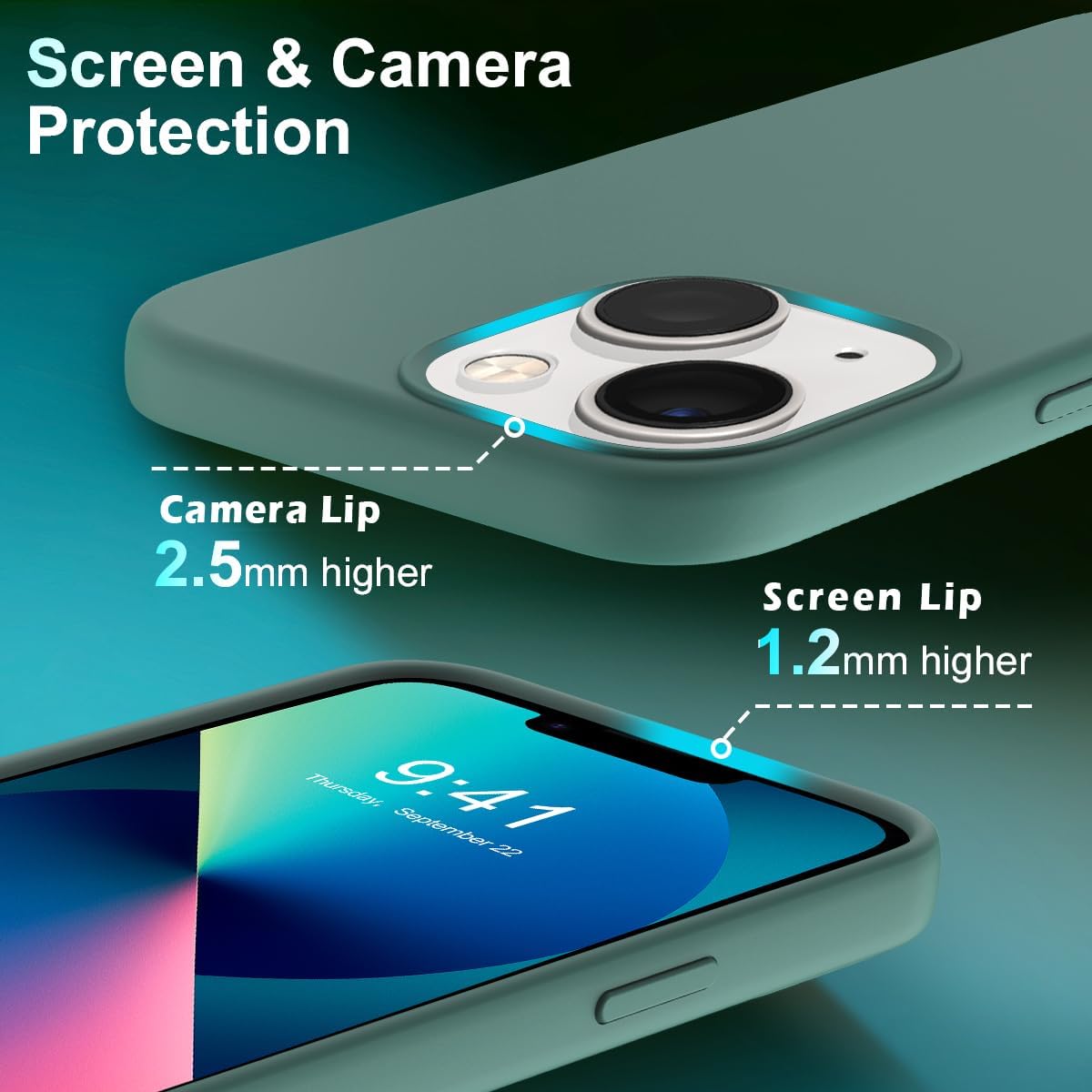 YATWIN Funda 5 en 1 diseñada para iPhone 13 con 2 protectores de pantalla + 2 protectores de lente de cámara, silicona líquida, delgada, de goma