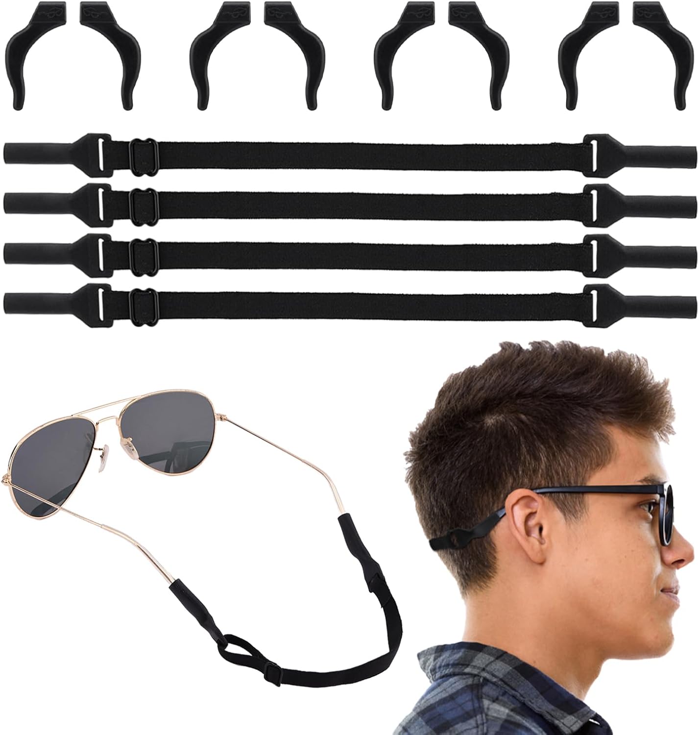 Correa para lentes, 4 cordones ajustables para lentes y 4 pares de lentes para las piernas, agarre para gancho para las orejas, antideslizante, sin