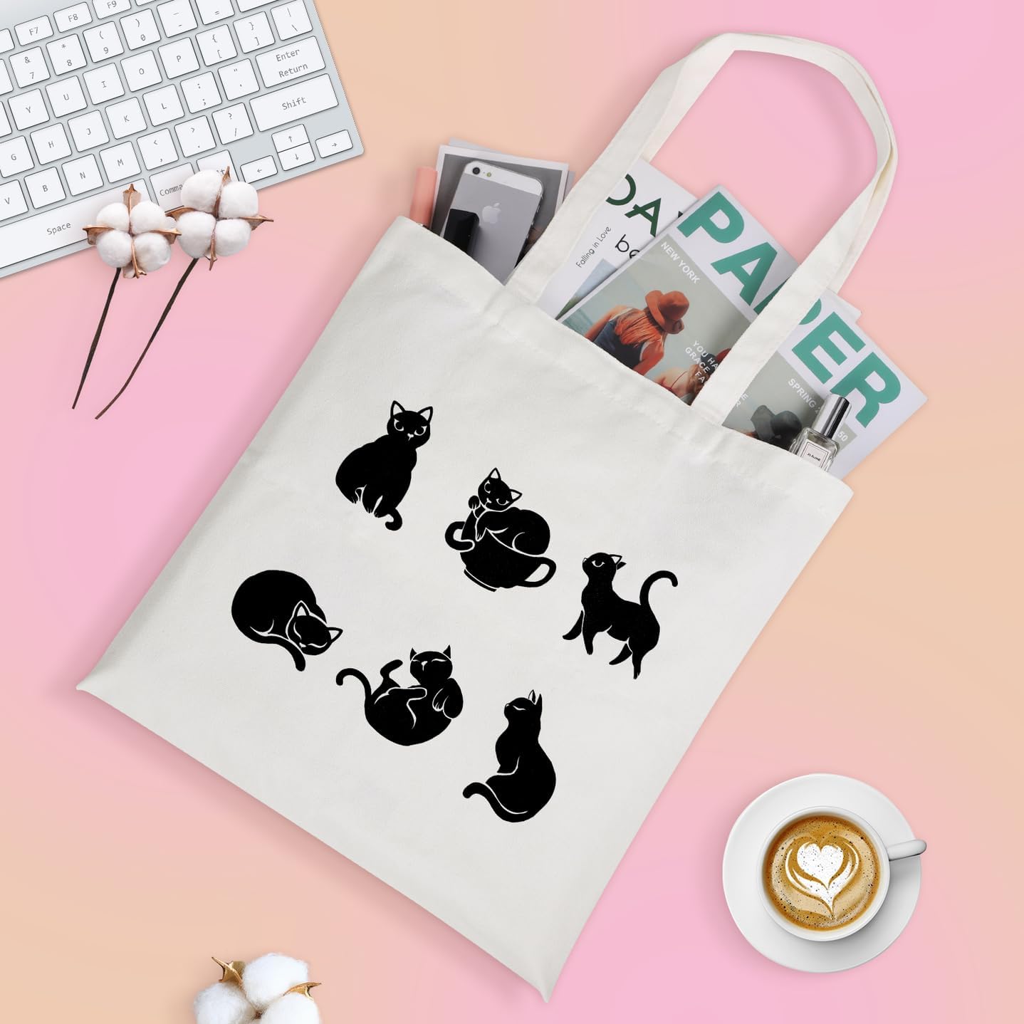 Louise Maelys Bonita bolsa de lona para mujer, bolsas de compras estéticas, con patrón de gatos negros, bolsas reutilizables para comestibles,