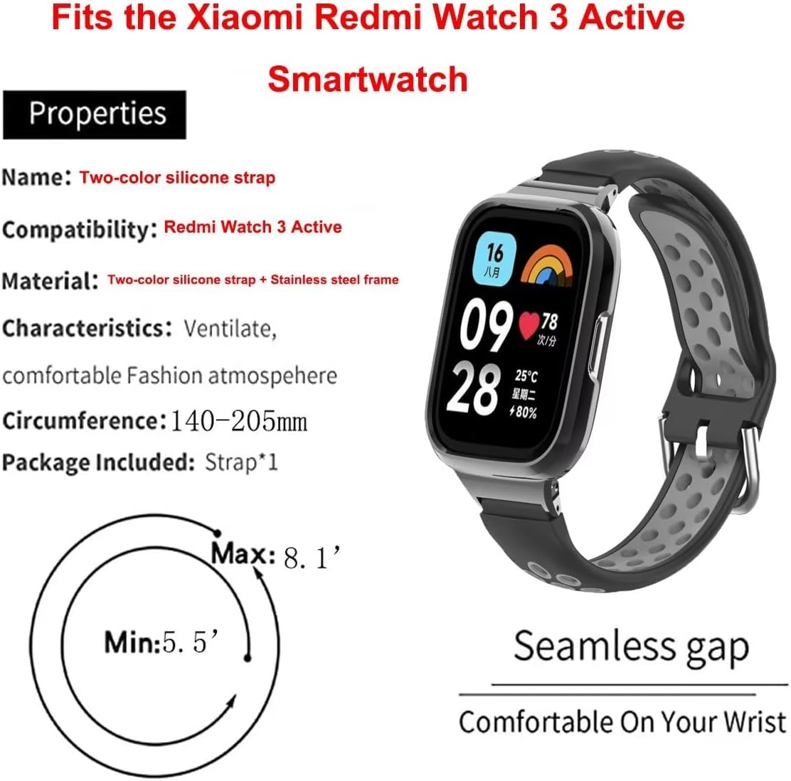T-BLUER Compatible with Xiaomi Redmi Watch 3 Active Bands,Silicone Breathable two-color Strap Bracelet Accessories with Metal Protective Frame for