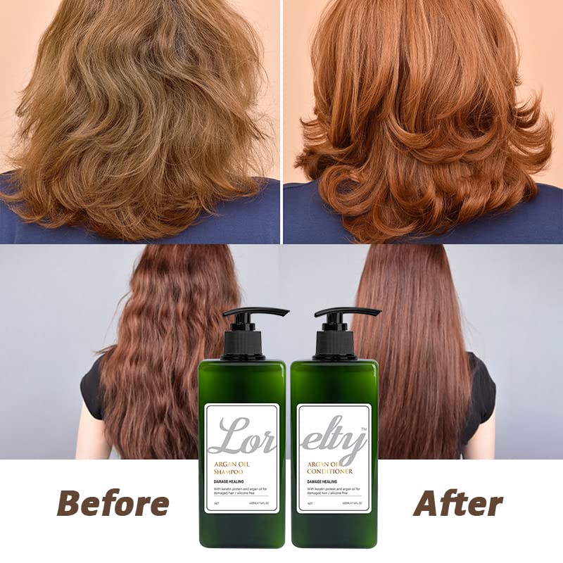 LORELTY Juego de champú y acondicionador de aceite de argán para tratamiento de cabello seco dañado para reparación del cabello dañado, para todo