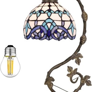 WERFACTORY Lámpara estilo Tiffany Lámpara de mesa de vidrio blanco y azul, lámpara de mesa de lectura, base de hoja de metal, 8 x 10 x 21 pulgadas, WERFACTORY Lámpara estilo Tiffany Lámpara de mesa de vidrio blanco y azul, lámpara de mesa de lectura, base de hoja de metal, 8 x 10 x 21 pulgadas,