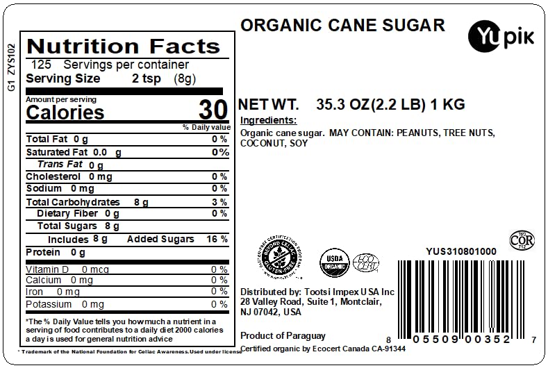 Yupik Azúcar de caña orgánica, 2.2 libras, sin gluten, sin OMG, sustituto del azúcar