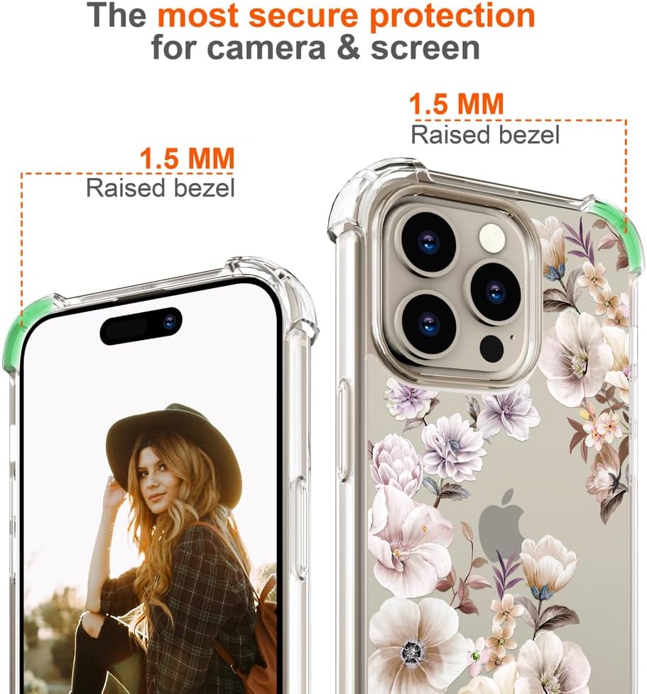 Funda para iPhone 15 Pro, diseño floral y transparente, para mujeres y niñas, compatible con iPhone 15 Pro Anemones amarillo