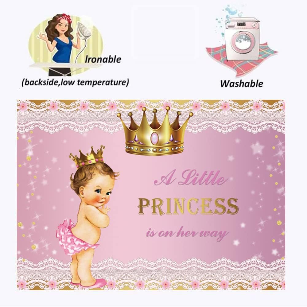 Telón de fondo de princesa para baby shower para niña, 8 x 6 pies, corona dorada, encaje rosa, fondo de fotografía con texto en inglés “A Little