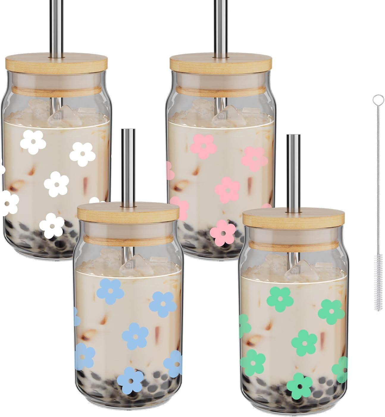 Lindas tazas de vidrio con tapas y pajitas con diseño, vaso con forma de lata floral retro, vasos estéticos para café helado, vaso de vidrio