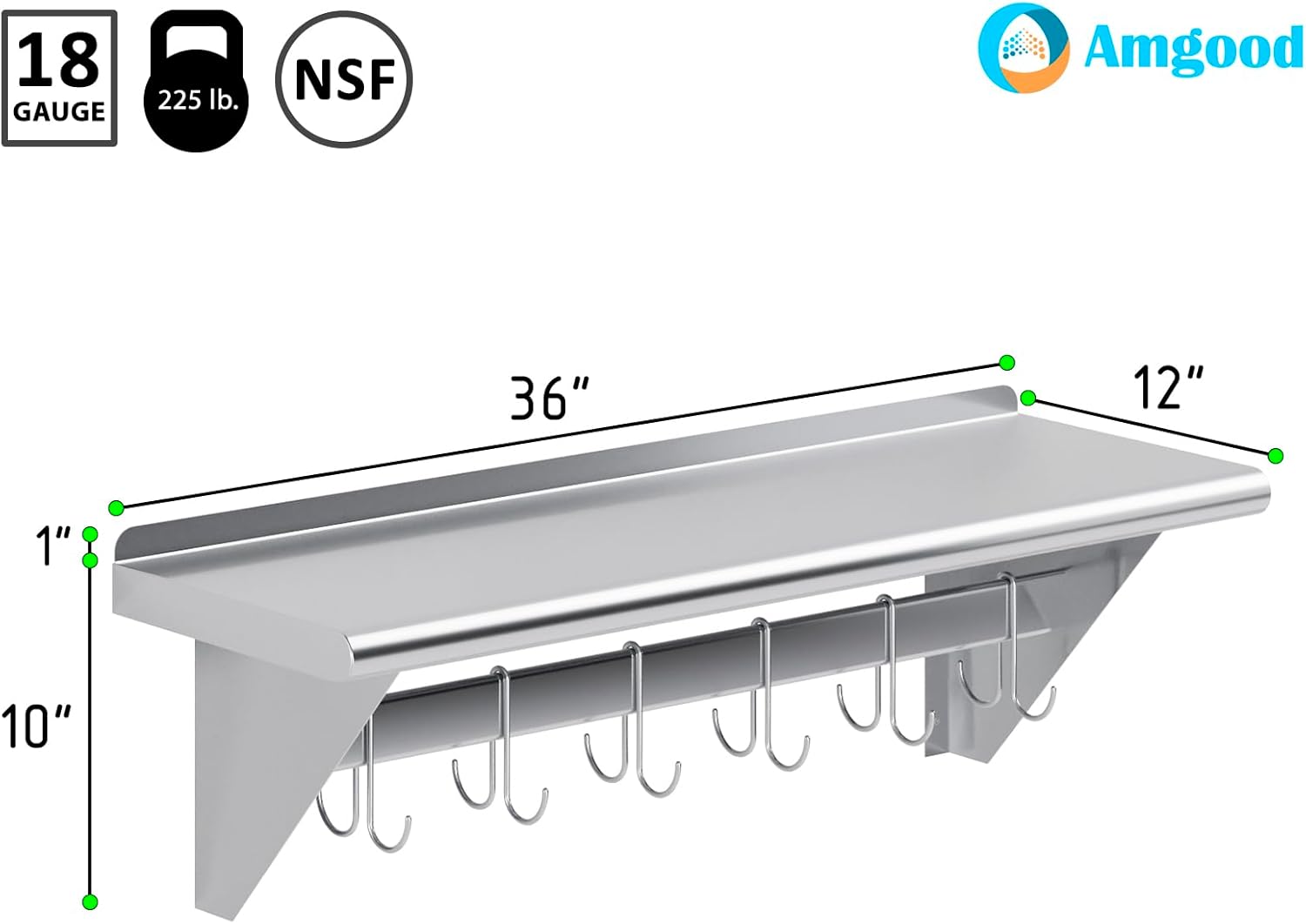 AmGood Estante para ollas montado en la pared de acero inoxidable de 36 pulgadas de largo x 12 pulgadas de profundidad con estante  Certificado NSF