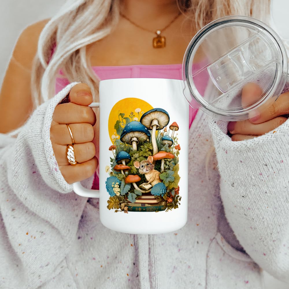 Cozy Woodland Book Mouse Cottagecore Insulated Travel Coffee Mug with Lid, Bookish Mushroom Nature Cup (18oz)