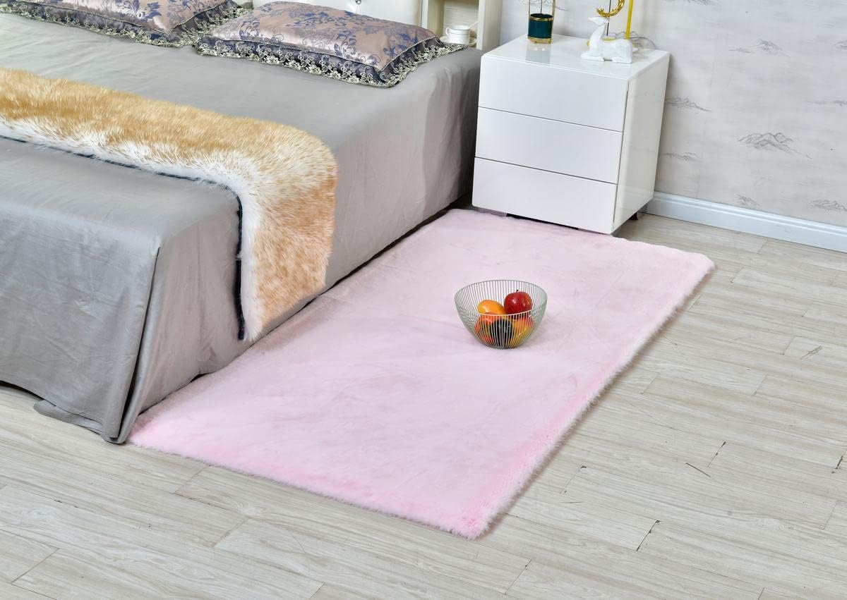 Alfombra de piel sintética de conejo ultra suave con respaldo antideslizante para sala de estar, decoración del piso del dormitorio, color rosa, 2 x