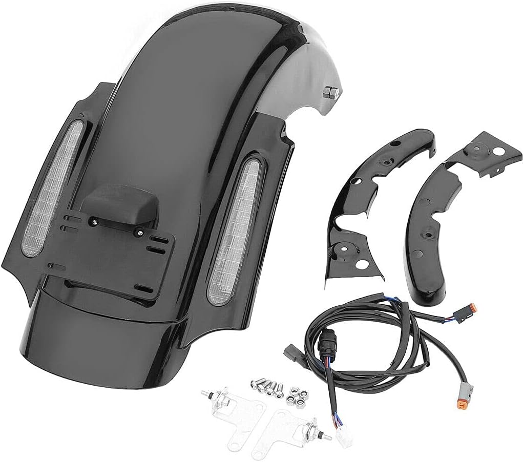 TCMT Alforjas duras de 6 x 9 pulgadas, tapas de altavoz y forros de alfombra + guardabarros trasero LED para Harley Touring Road King Electra Glide