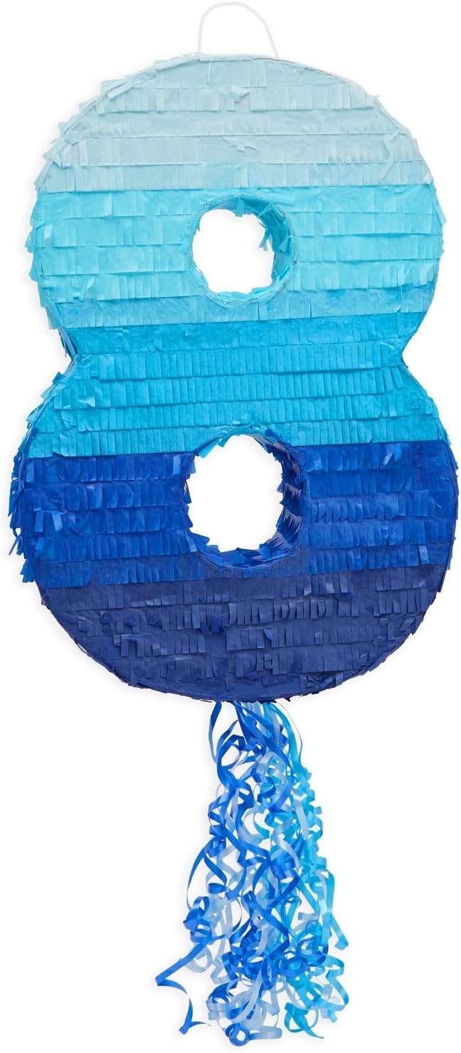 BLUE PANDA Piñata número 8, piñata de cuerda para decoración de fiesta de cumpleaños número 8, color azul degradado (16.5 x 11.5 x 3 pulgadas)