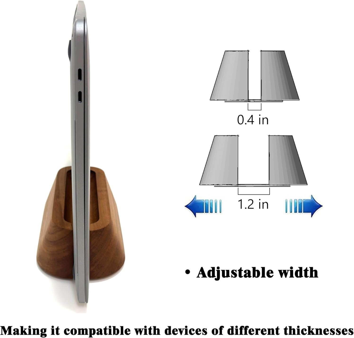 Soporte de madera para laptop, ajustable para escritorio, se adapta a laptops de 0.4 a 1.2 pulgadas, resistente y duradero, almohadillas