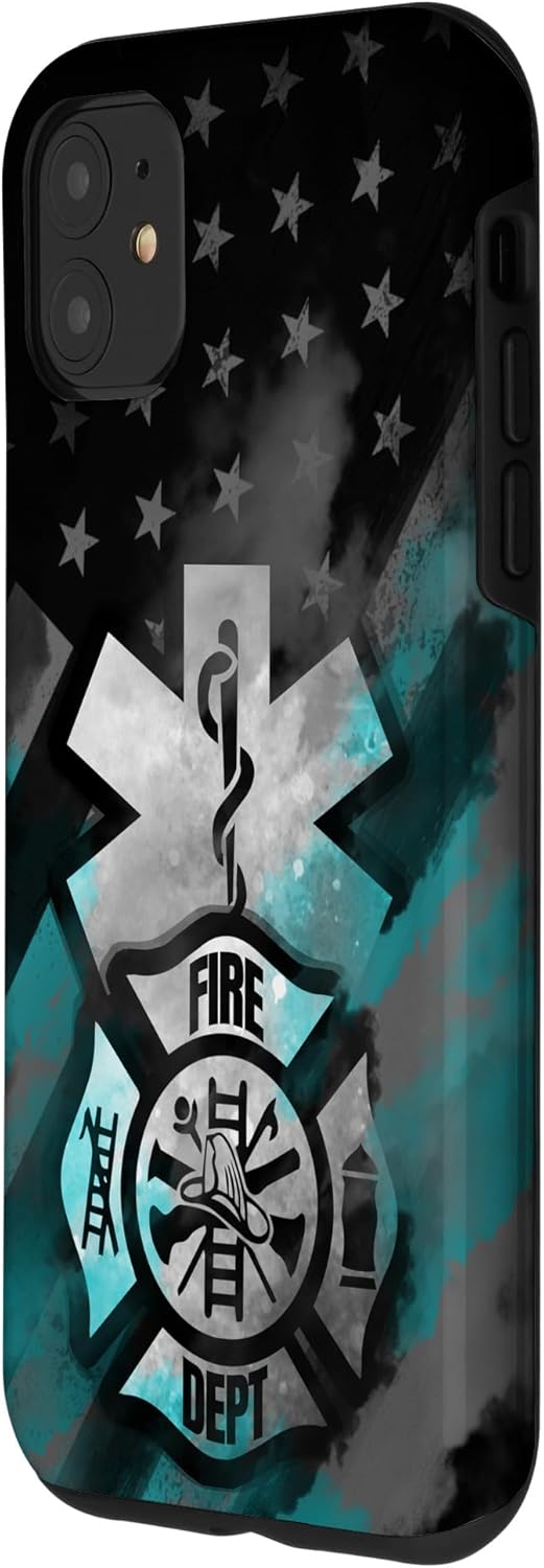 iPhone 11 EMT EMS bombero turquesa línea humo usa bandera americana caso